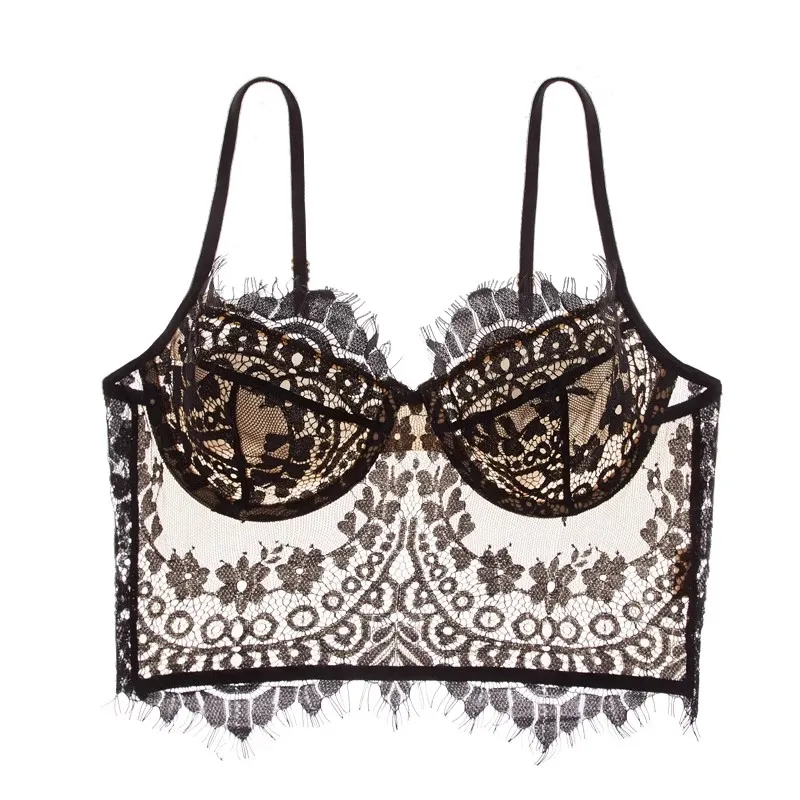 Sexy Lingerie French Women's Underwear Ultra Thin Lace Flower Embroidery Bralette Bra Push Up Eyelash Female Underwear Vest