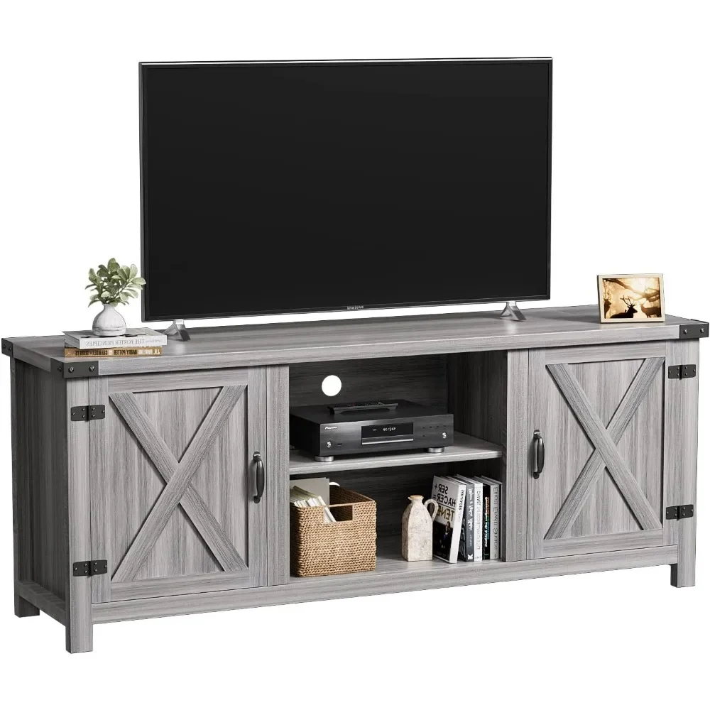 Modern Farmhouse TV Stand with Two Barn Doors and Storage Cabinets for Televisions up to 65+ Inch, Entertainment Center Console