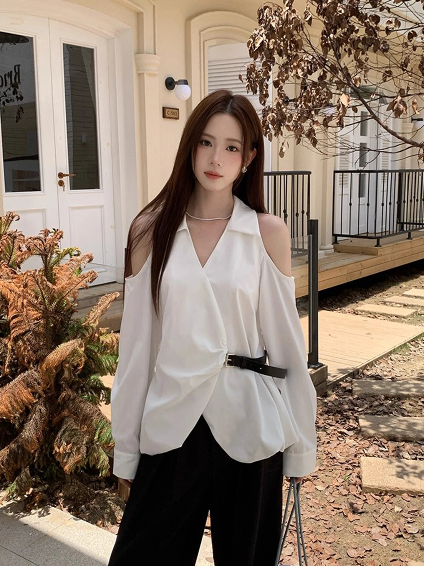 

Clothland Women Elegant Off Shoulder Blouse Cut Out Long Sleeve Belt Shirt Female Casual Tops Blusa Mujer LB322