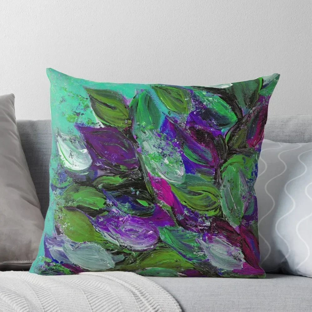 BLOOMING BEAUTIFUL Mint Green Purple Elegant Floral Abstract Leaves Garden Whimsical Textural Colorful Acrylic Flow Throw Pillow