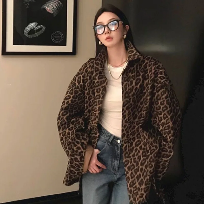 QWEEK Leopard Vintage Shirts Gyaru Oversized Streetwear Stylish Women\'s Blouse American Retro Long Sleeve Outerwears Autumn