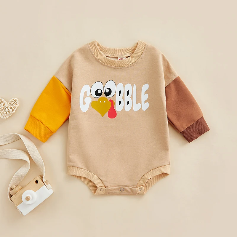 

Thanksgiving Turkey Print Long Sleeve Round Neck Romper for Baby Cute Letter Bodysuit for Thanksgiving Day Celebrations