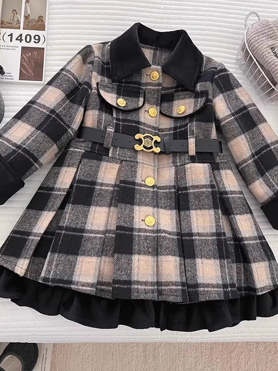 

Зимнее клетчатое пальто Thiened Fce на подкладке для девочек, повседневное удобное корейское длинное брюки, комплект из двух предметов, модное теплое пальто