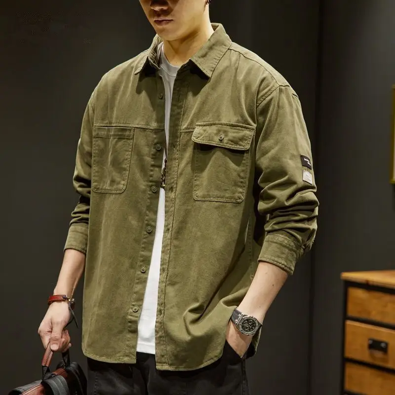 

Мужская свободная повседневная рубашка в винтажном японском стиле, новая осенняя коллекция 2023, из смесовой хлопковой ткани