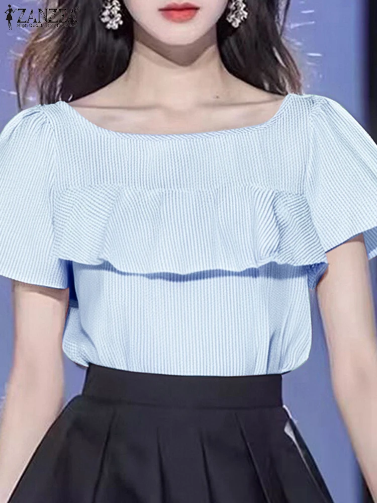 ZANZEA Striped Blusas Women Ruffled Tops Vintage Short Sleeve Blouse Casual O Neck Tunics 2025 Summer Bohemian Pullove S-3XL