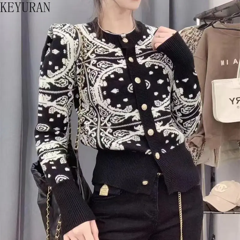 Jacquard Puff Sleeve Pullover Sweater Mujer 2023 Spring Autumn Korean Fashion O-Neck Long Sleeve Knitted Cropped Cardigan Women