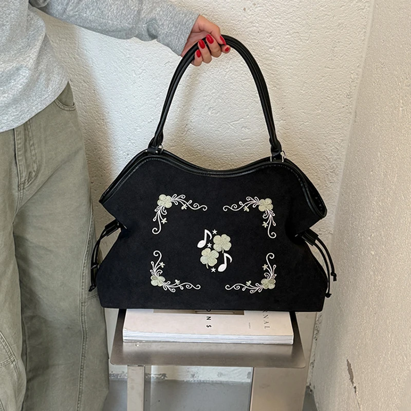 Koreanische Umhängetasche mit Kordelzug, ethnische Blumen- und Musiknoten-Stickerei, große Handtasche für Damen, Vintage-Handtasche für den Winter. – Detail 23