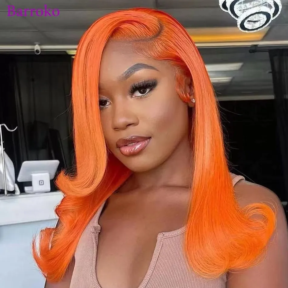 13x6 Orange Ginger Colored Wigs Straight Human Hair Wigs Pre Plucked Peruvian Hair Transparent Frontal Lace Wigs Human Hair 34in