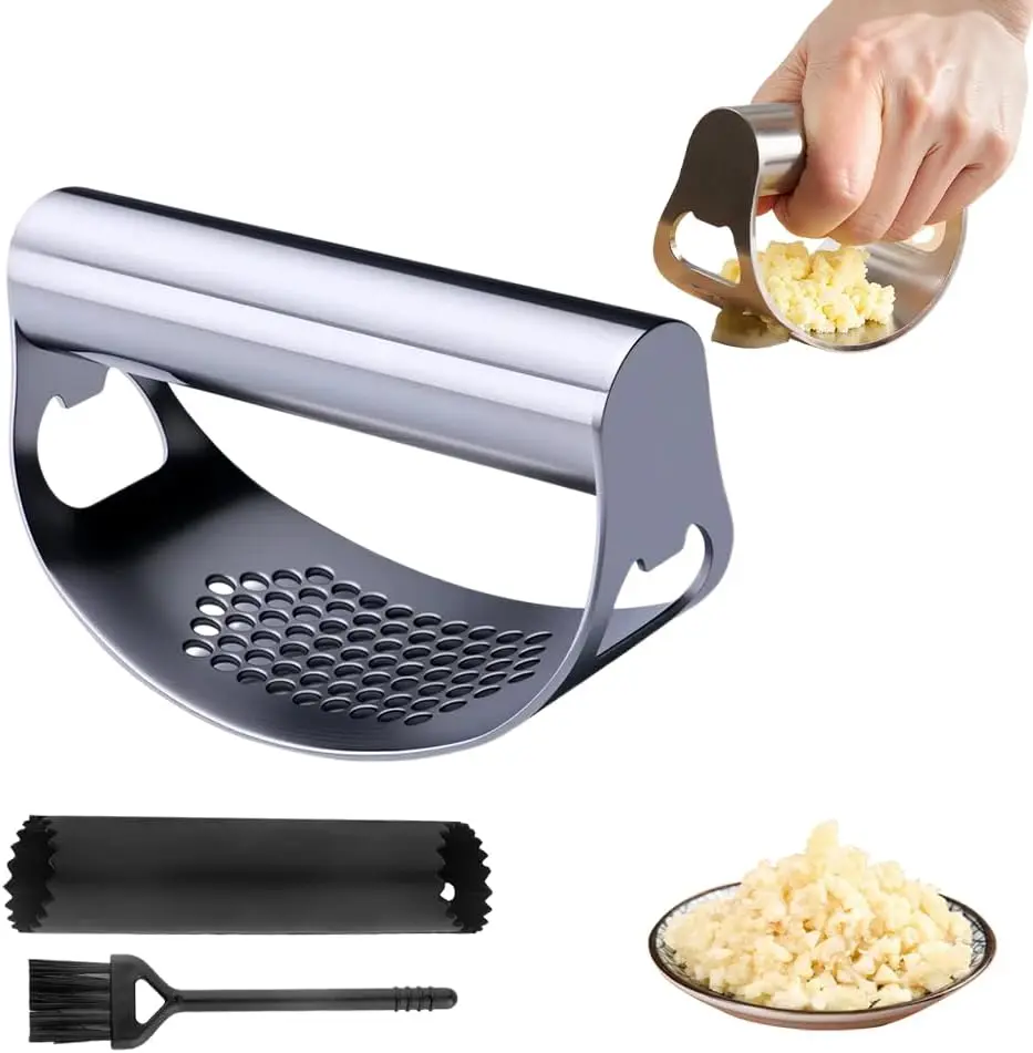 Prensa de Ajo Tipo Balancín, Prensa de Ajo Manual Portátil de Acero Inoxidable, Triturador y Machacador de Ajo con Tambor para Pelar Ajos, para Cocina Doméstica