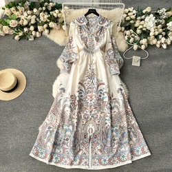 Vintage Print Elegant V-neck Long Sleeve Single Breasted A-line Dress High Waist Casual Women  Fashion Autumn Spring Dress