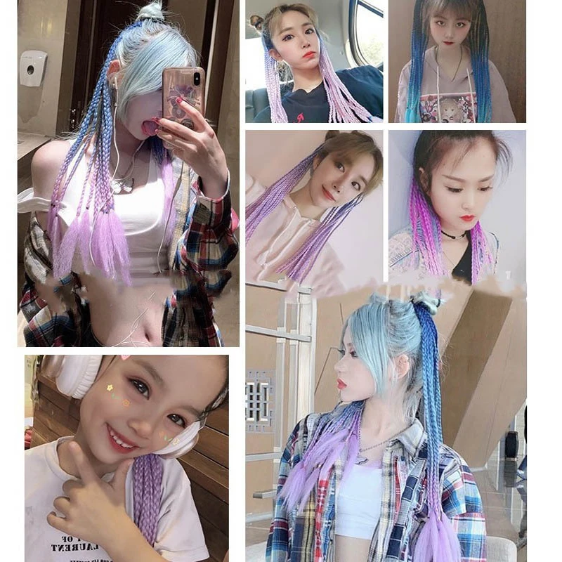 24inchSynthetic Gradient Color Dirty Braided Ponytail with Elastic Hair Band Rubber Band Colorful Wigs Ponytail Hair Accessories