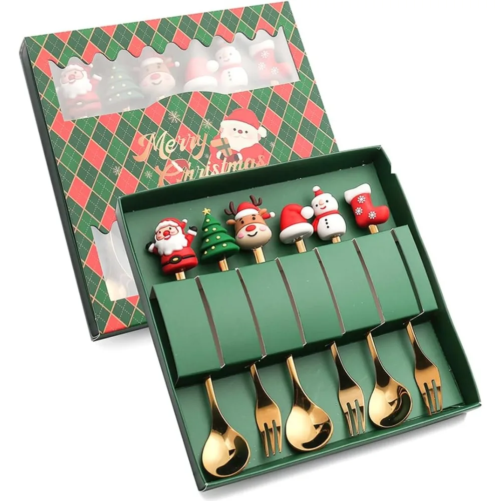 6PCS Santa Claus Xmas Tree Forks Spoons Set Stainless Steel Coffee Dessert Spoon Dinnerware for Christmas Party Exquisite Gift