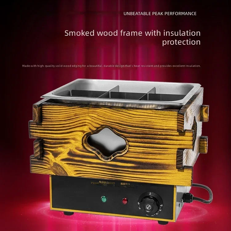 Commercial Electric Hot Pot Machine, Double Basin 18 Compartments, Oden Cooker for Skewers and Spicy Hot Pot, Wooden Box Design