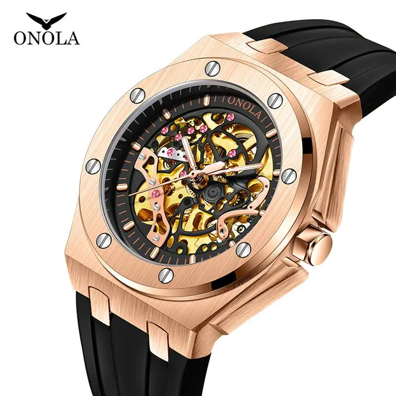 Orologi da uomo in stile sportivo di lusso di marca ONOLA orologio da polso meccanico automatico con scheletro con puntatori luminosi impermeabili