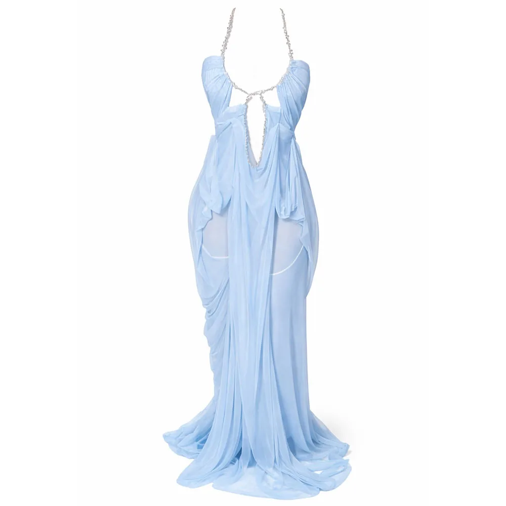 Light Blue Evening Dress Mermaid Halter Beading Dresses For Women Sexy African Prom Party Gowns 2026 Real Images Customized
