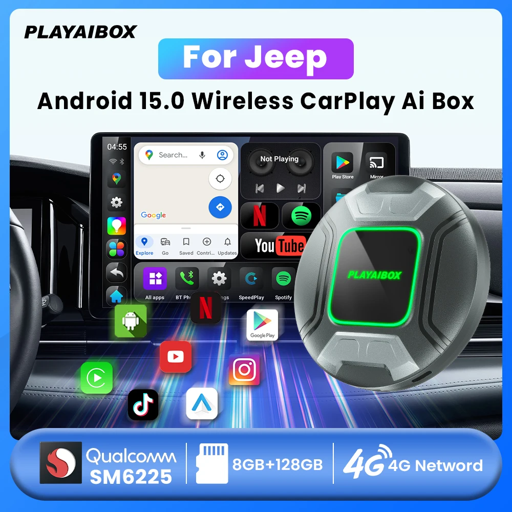 PLAYAIBOX أندرويد 15 CarPlay AI صندوق لاسلكي أندرويد السيارات Carplay صندوق التلفزيون الذكي اكسسوارات السيارات ل Jeep Renegade Wrangler