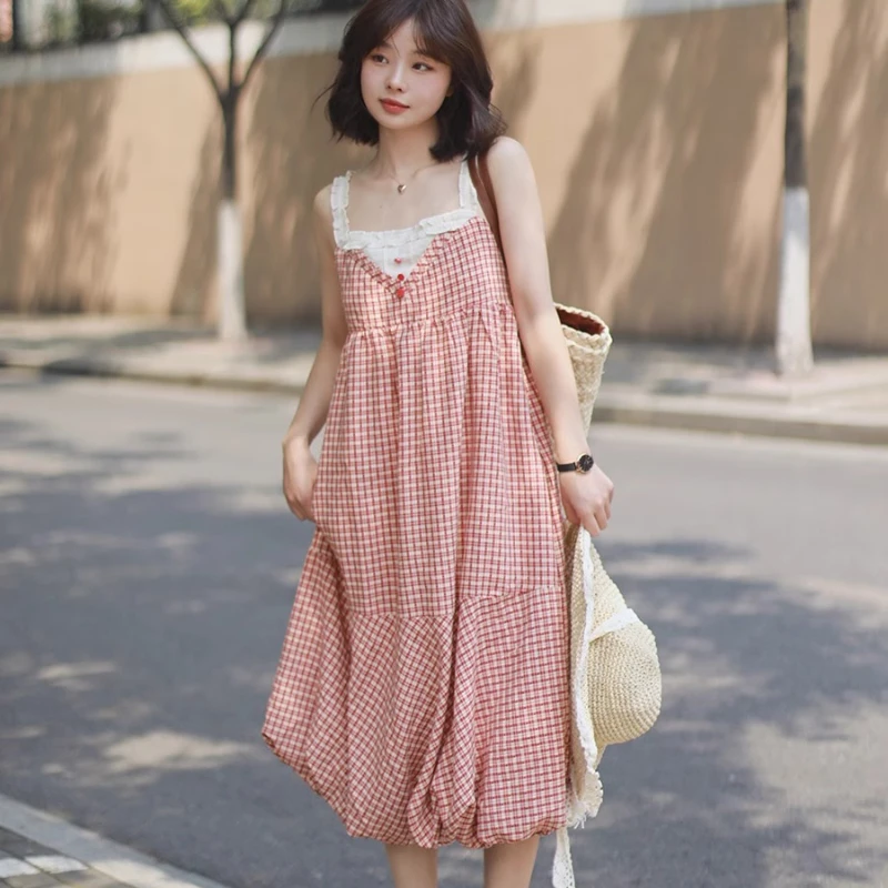 韓国の夏の新しい婦人服赤チェック柄かわいい甘いレーススリングドレスルーズ薄型ノースリーブかわいいミディアムロングドレスレディース