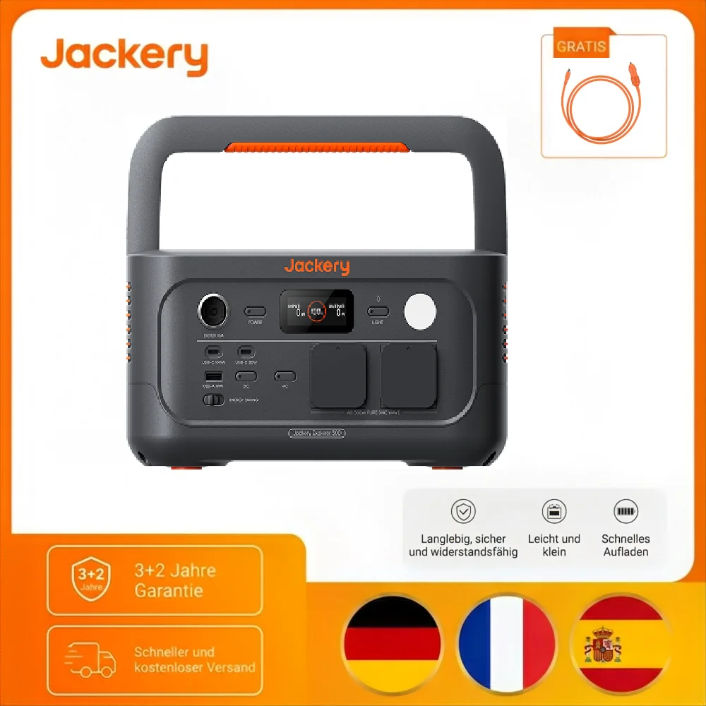 Jackery Explorer 500 V2 Tragbare Powerstation mit Kfz-Kabel, 512Wh Solargenerator 230V/500W (Spitze 1000W) mit Schnellladung, LiFePO4 Akku 6000 Zyklen, Solargenerator für Camping, Wohnmobil, Notfälle,
