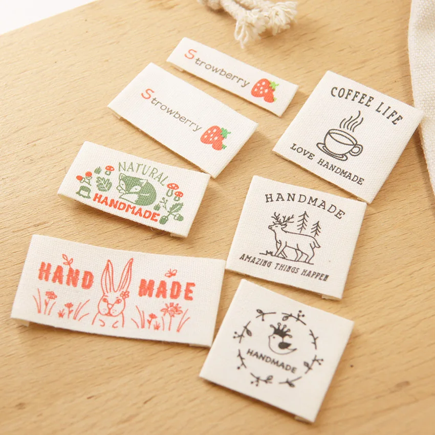 

Spot pure cotton handmade fabric label with folded edges, colorful fox strawberry rabbit farm style label, fabric accessories