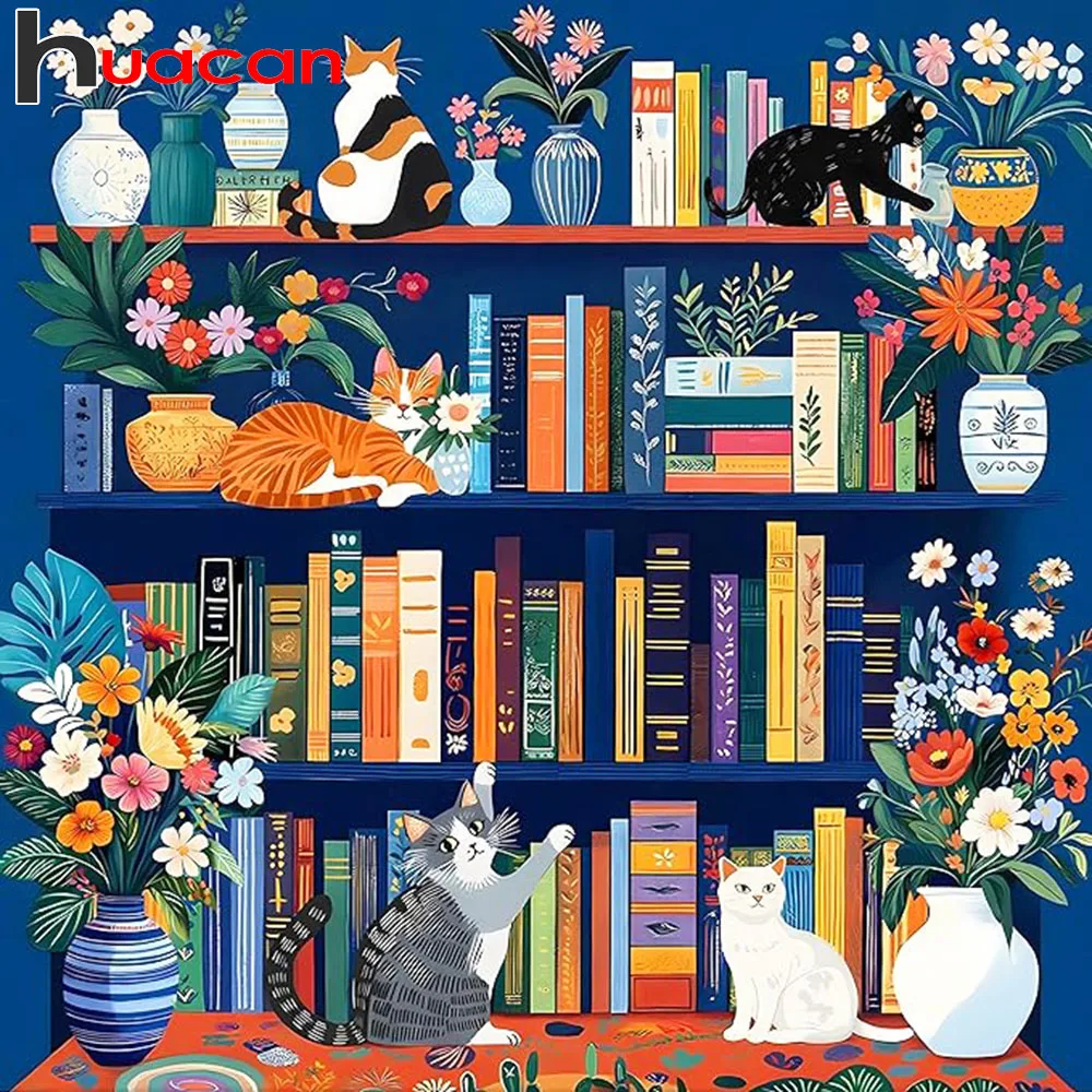 Huacan 5D DIY Diamond Painting Cat Bookshelf Diamond Mosaic Animal Flower New Collection 2025 Decorative Paintings
