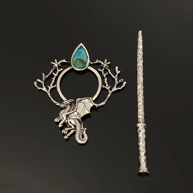 الرجعية الفضة التنين منقوشة الفلسبار دبوس الشعر القوطية نمط شجرة فرع تصميم شعبية المتخصصة السحر شخصية مضفر #4