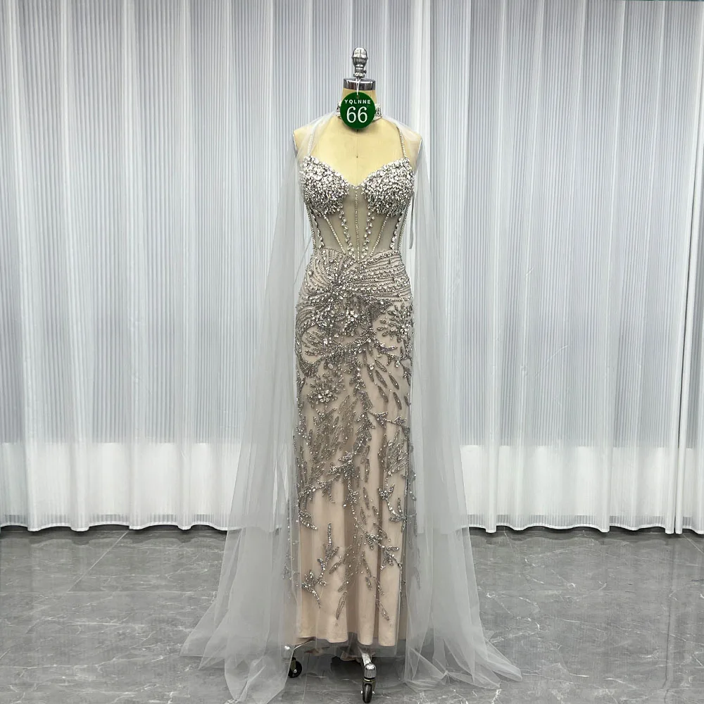YQLNNE 066 Silver Nude Handmade Crystals Beaded Evening Dresses Formal Party Gown With Shawl