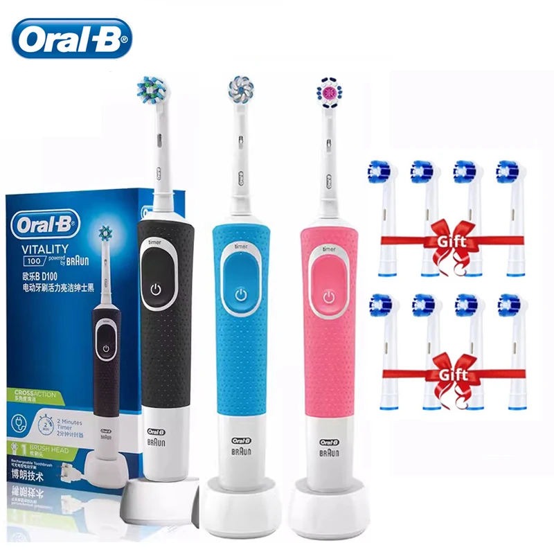 Oral B D100 Electric Toothbrush Rechargeable Toothbrush for Adult Cross Action Clean Teeth Waterproof with 8 Extra Heads