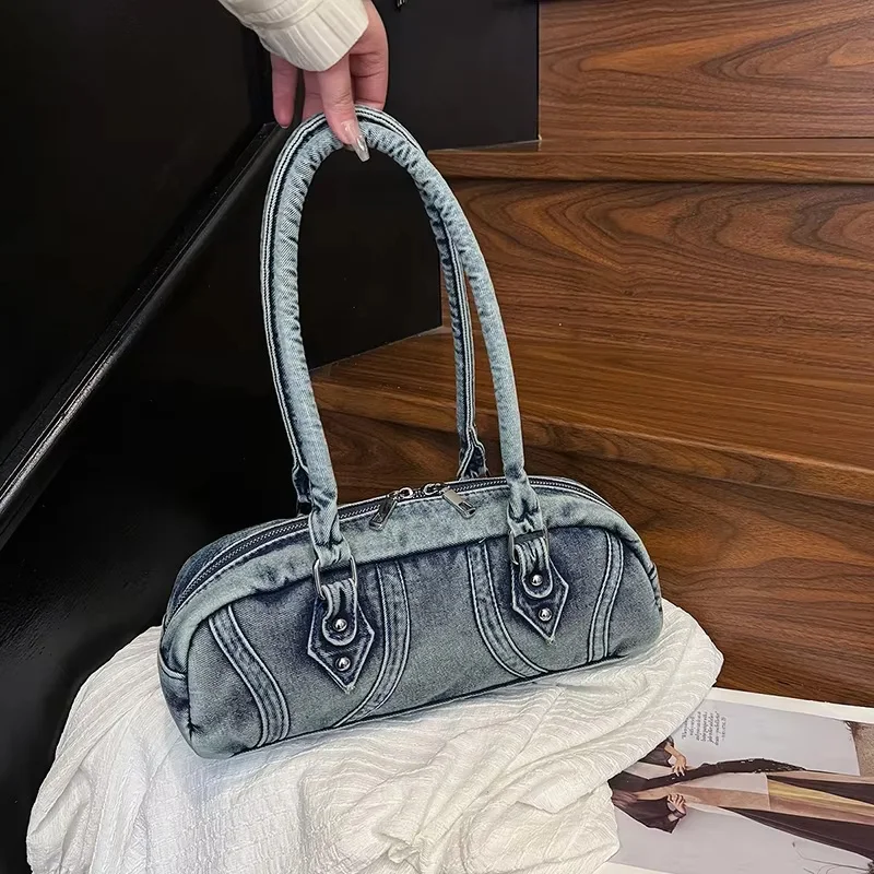 

Denim Shoulder Bag Brand Summer Fashion Korean Version Advanced Motorcycle Commuting Versatile Underarm Cylinder Bowling Bag