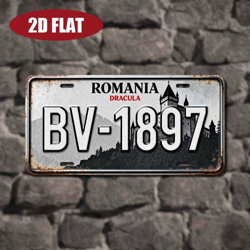 2D Flat 1pc Romania Brasov Castle License Plate 30.48x15.24cm 2D Flat Aluminum Decorative Plaque Vintage Transylvania Theme Trav
