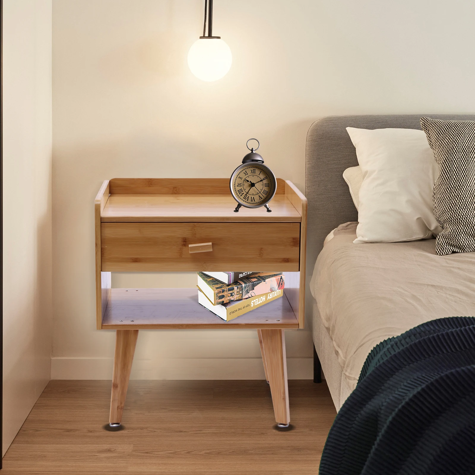 Bambu Nightstand End Table com gaveta do armazenamento e prateleira aberta