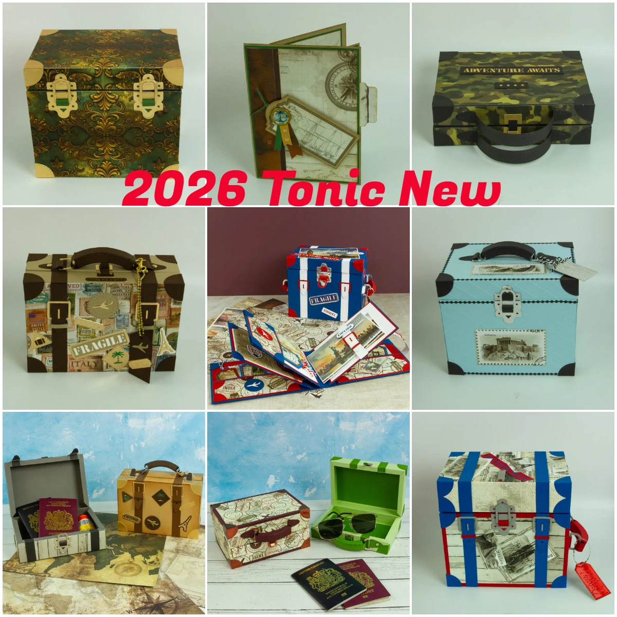 Nouvelle collection 2026 Legacy Luggage - Boîte de présentation June Tonic, matrices de découpe pour la création de cartes de vœux en papier, modèle DIY fait main