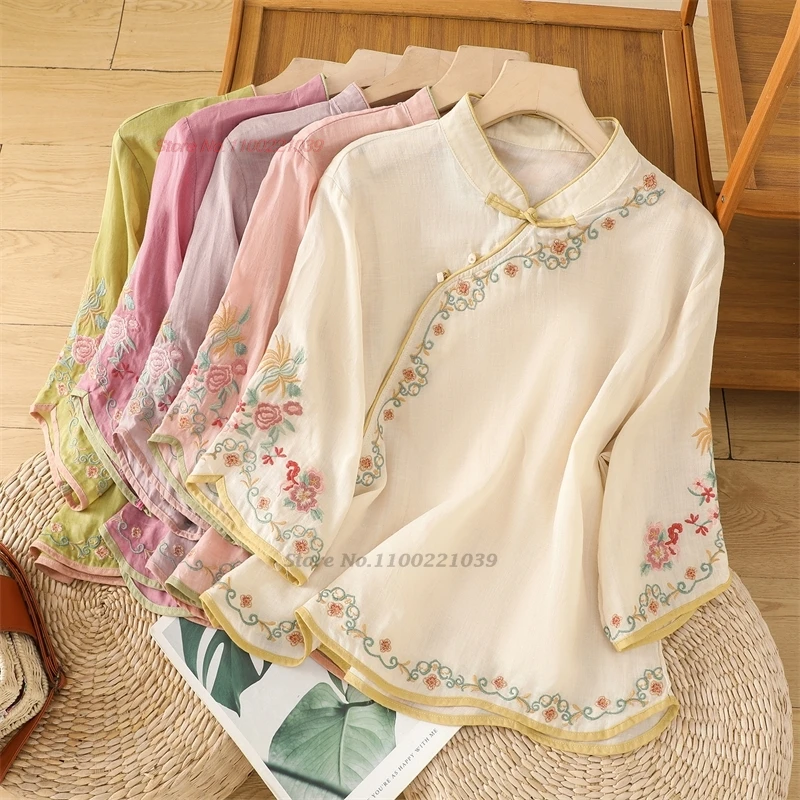 

2024 chinese vintage blouse national flower embroidery improved hanfu tops traditional stand collar blouse ethnic streetwear