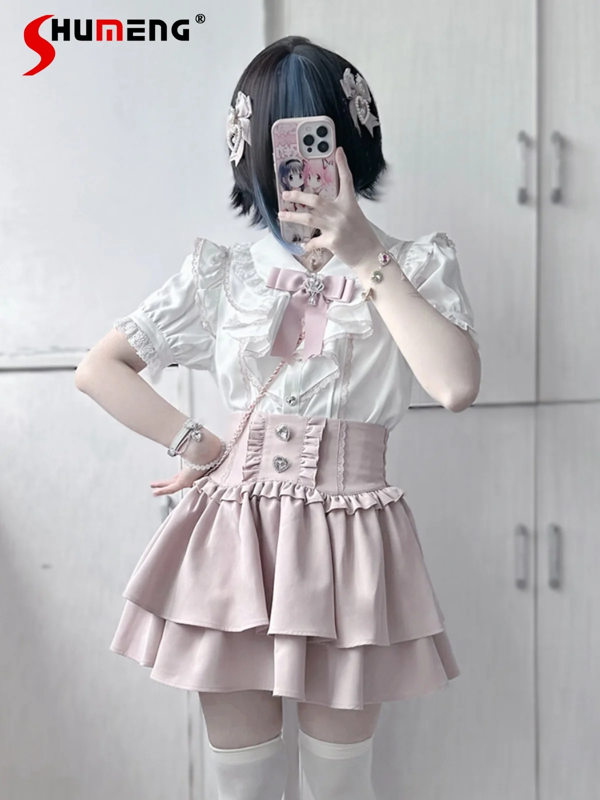 Japanese Mine Style Lace Stitching Doll Collar Flying Sleeve Heart Buckle Single-Breasted Sweet Lolita Shirt Blouse Women Summer