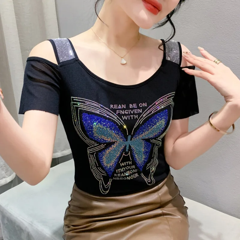 

High Quality Summer Women Luxury Clothing T-shirt Sexy Off Shoulder Classic Girl Slim Tees Fashion Butterfly Hot Diamonds Top