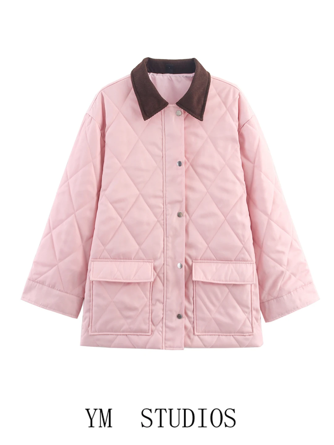 

Ретро-розовая куртка с контрастным вельветовым воротником и ромбовидным узором, хлопковая, повседневная, рабочая, верхняя одежда, женская, модная, весна-осень