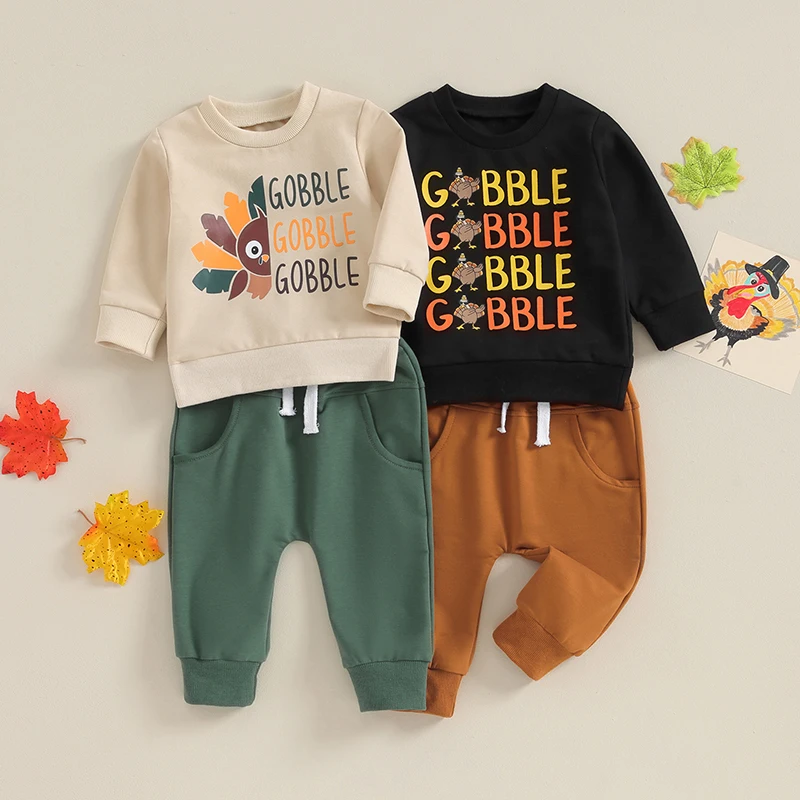 

2023-08-17 Lioraitiin 0-18M Toddler Baby Boys Thanksgiving Set Letter Turkey Long Sleeve Sweatshirts Solid Long Pants Outfits