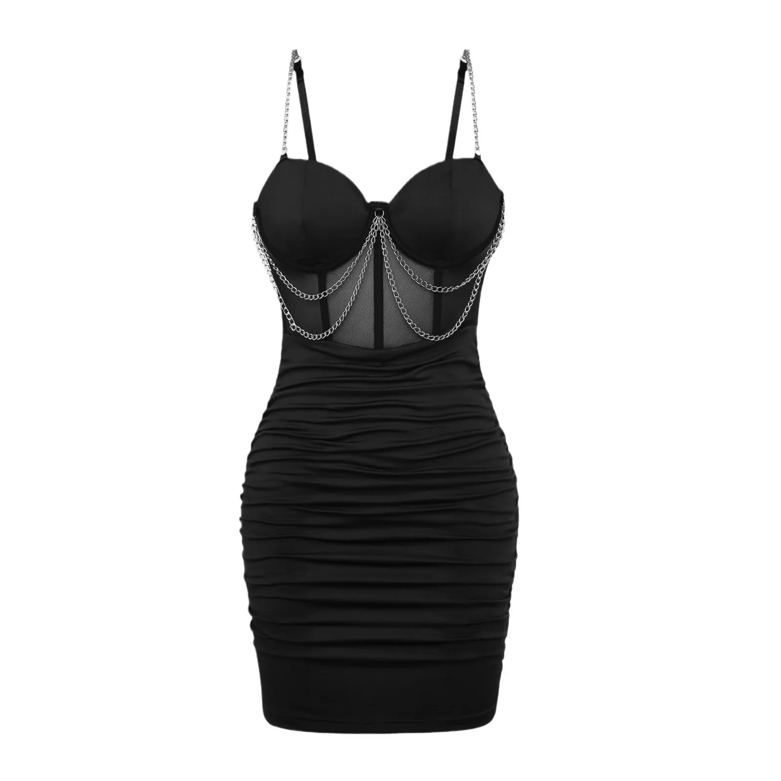 فستان مثير على الموضة الأوروبية والأمريكية الجديدة لعام 2025 بسلسلة شبكية سوداء ضيقة ومطويات ملفوفة على الورك 10906 #5