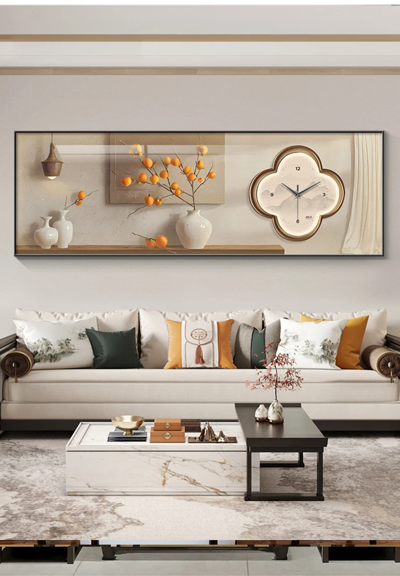 

Modern minimalist living room wall lamps with clocks and watches, Zen style sofa, background wall paintings, framed paintings on