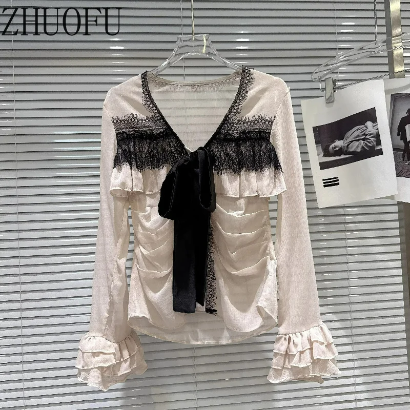 French Sweet Beautiful Women's Shirt 2026 Autumn New Apricot V-neck Lace Edge Straps Loose Long-sleeved Chiffon Shirts Ladies