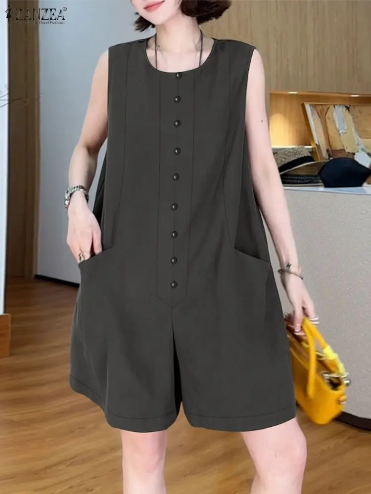 

ZANZEA Womens Sleeveless Rompers 2025 Summer O-Neck Button Up Wide-Leg Pants Playsuits Casual Loose Overalls Everyday Wear 3XL
