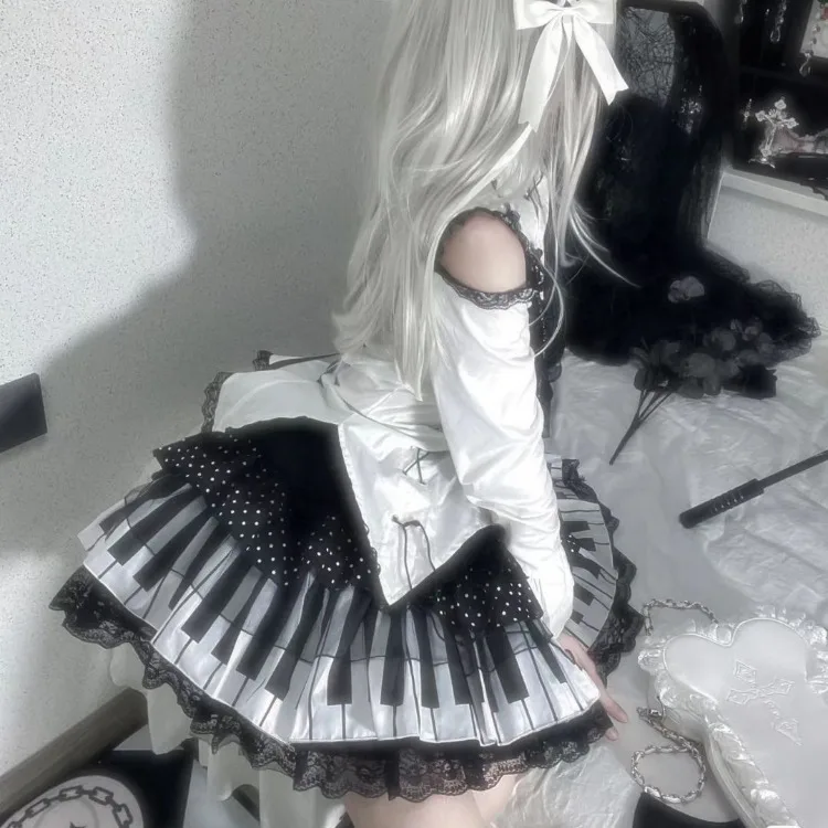 

Japanese Punk Black White Piano Key Wave Point Skirts Lace Patchwork Ruched Falda Sexy Mujer Summer New Skirt for Women