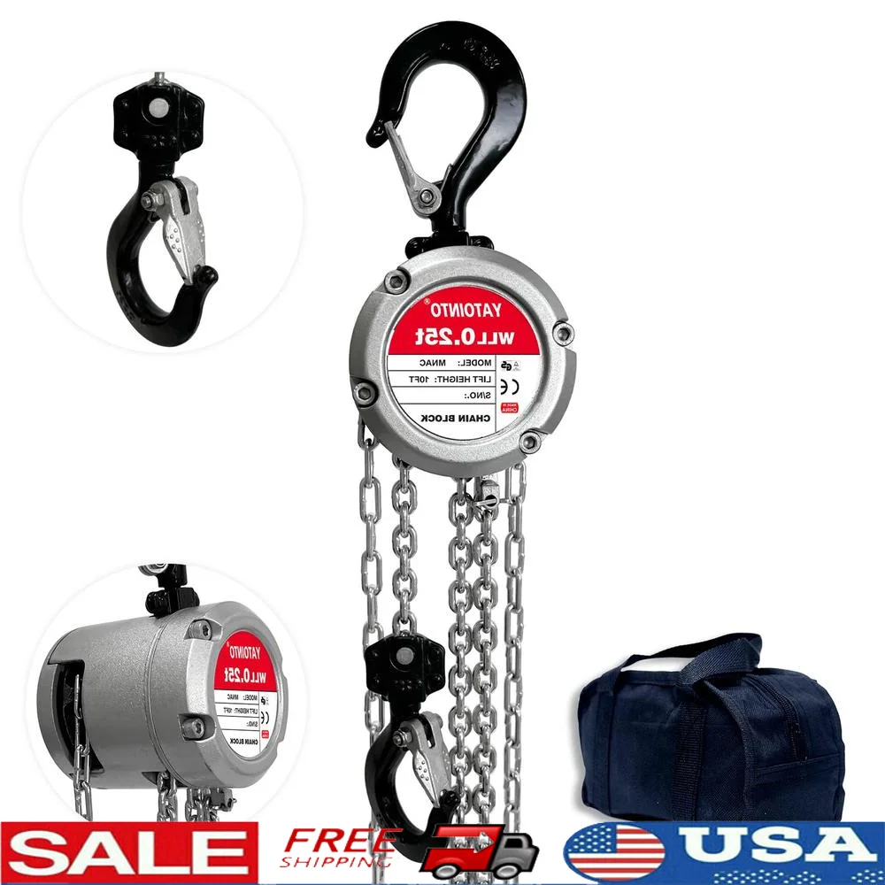 Aluminum Manual Chain Hoist 1/4 Ton Capacity 10FT Lifting Height G80 Chain Block Safety Brake Lightweight Portable Helper