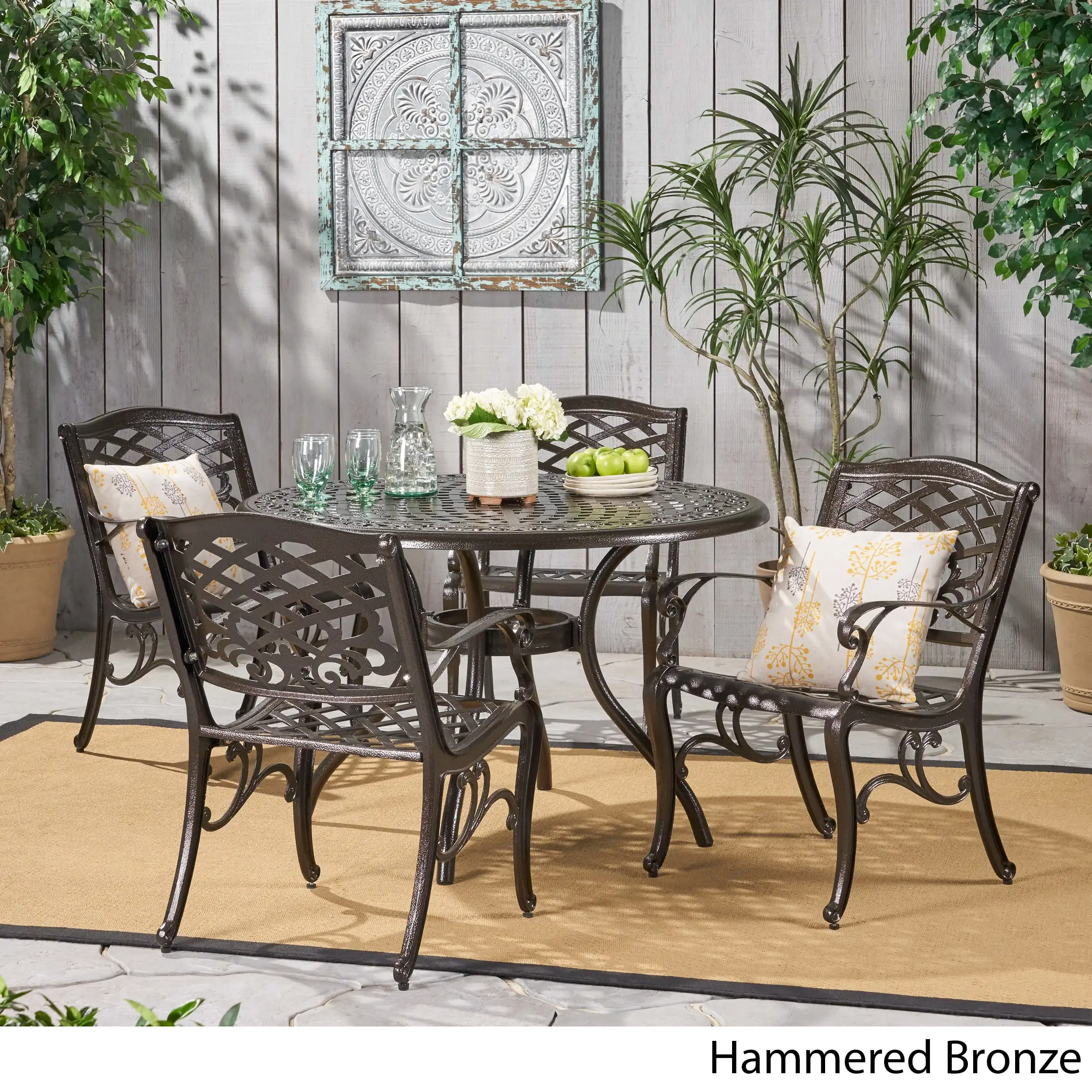 Outdoor 5 Piece Cast Aluminum Outdoor Dining Set Bronze The Antique Bronze Finish Is Neutral To Match Any Outdoor Furniture