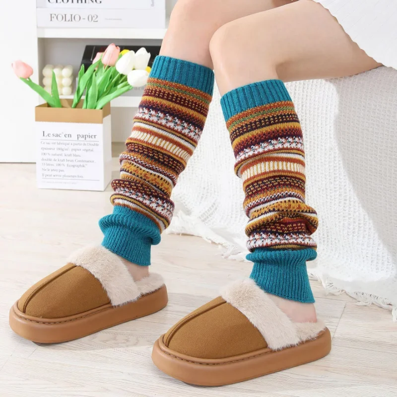 

Retro Newly Wool Warm Leg Knitting High Knee Socks Camouflage Bohemian Wool Warm Leg Knee Protection Cover Female Leg Warmers