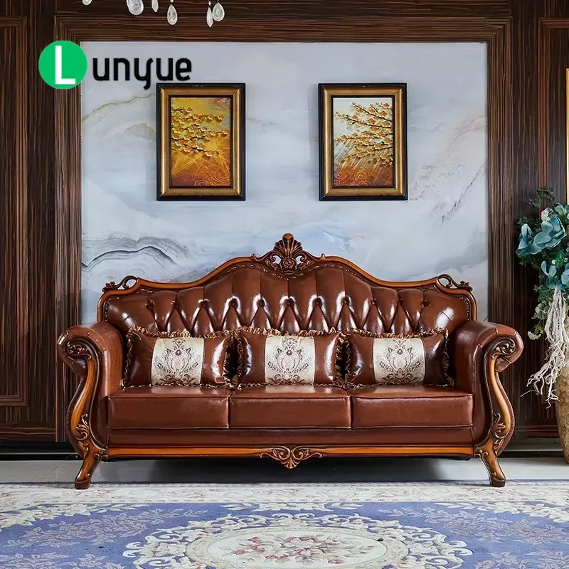 European Leather U Shaped 3 Seater Sofa 123 Combination American Dark Retro Engraved Living Room Furniture Comfortable