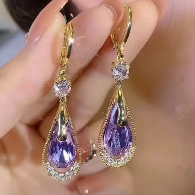 Fashion Trend Unique Design Elegant Exquisite Light Luxury Purple Crystal Drop Shape Earrings Women Jewelry Party Premium Gift