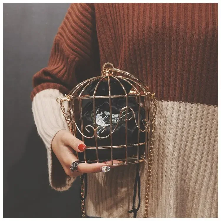 

2024 Women's Birdcage Evening Bag Clutch Metal Frame Embroidery Bucket Bird Cage Mini Bag Purse Women Gold Tassel Handbag