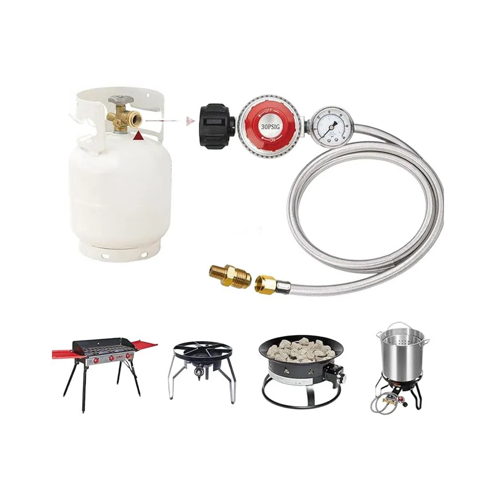 Propane Regulator Hose 5FT Designed for QCC1 Fittings and 3/8 Male Flared Connections with 0-30 PSI Adjustment and Glow Gauge