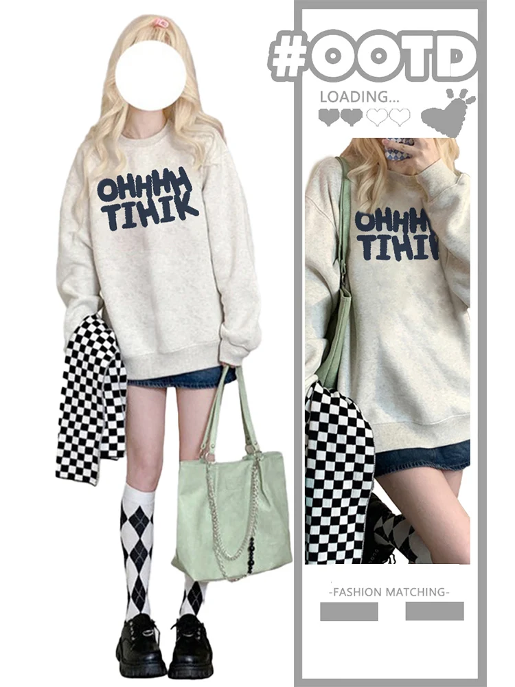 

American Letter Hoodless Sweatshirt O-neck Thin Style Women Pullover Fashionable Versatile Casual Top 2024 Spring Autumn New