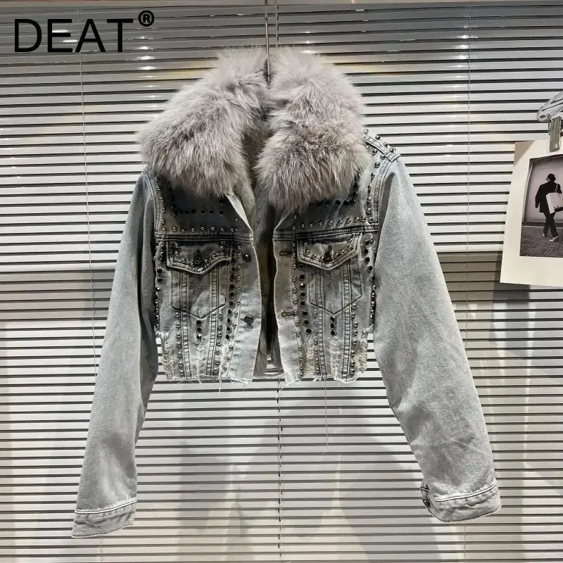 DEAT 2024 Winter New Arrival Fox Fur Collar Rivet Liner Denim Jacket For Women High Street Single-breasted Short Coat 11A01605